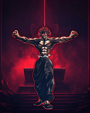 Baki Hanma in a Powerful Stance with Red Aura and Spiked Hair HD phone wallpaper