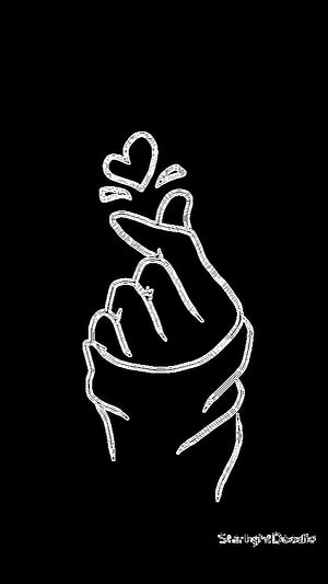 BTS Finger Heart Gesture White Line Art on Black Background HD phone wallpaper