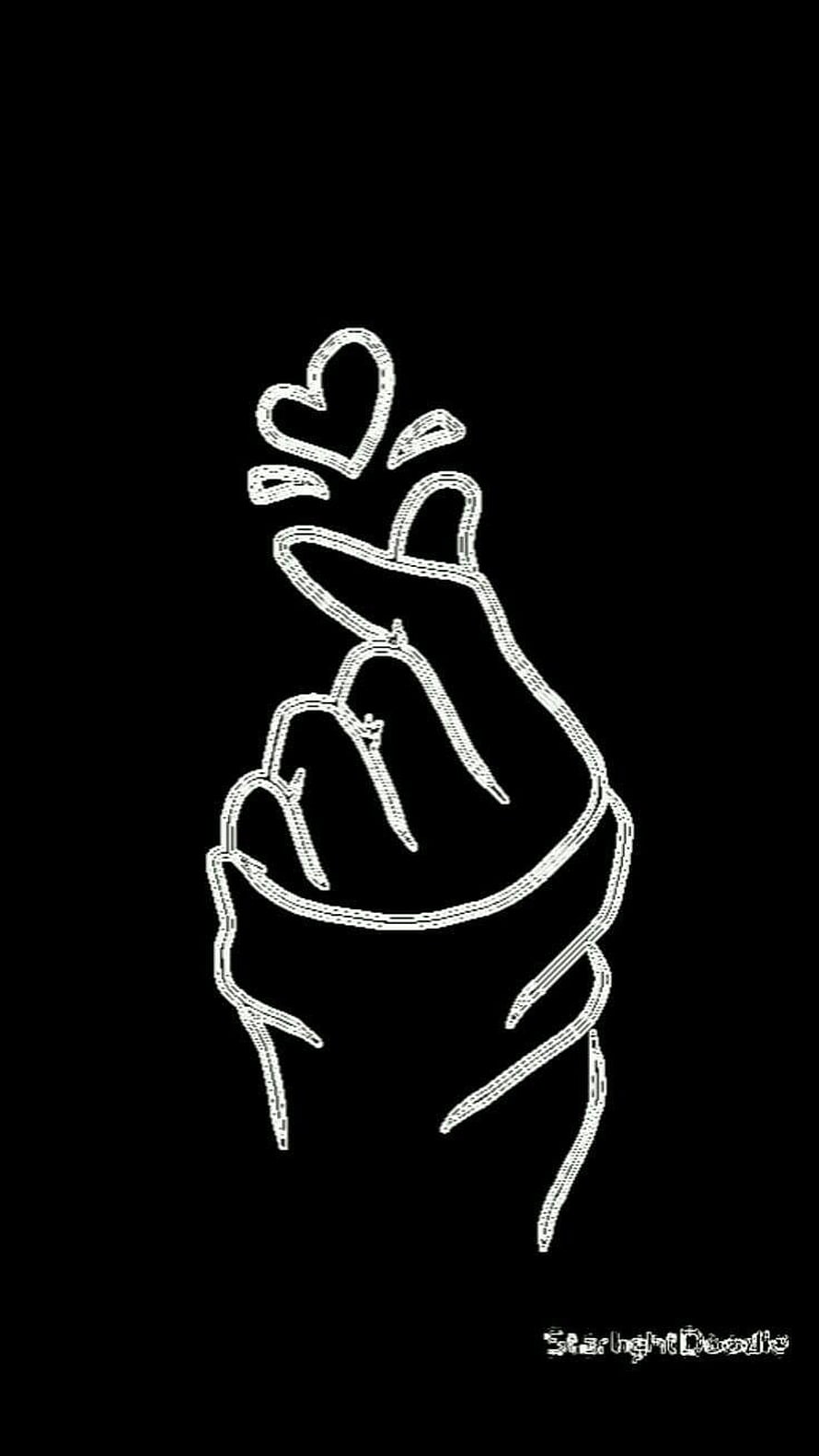 BTS Finger Heart Gesture White Line Art on Black Background HD phone wallpaper