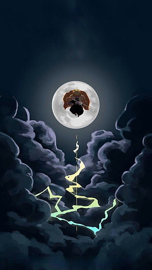 Demon Slayer Character Floating Before Full Moon Amidst Dark Storm Clouds and Lightning HD phone wallpaper