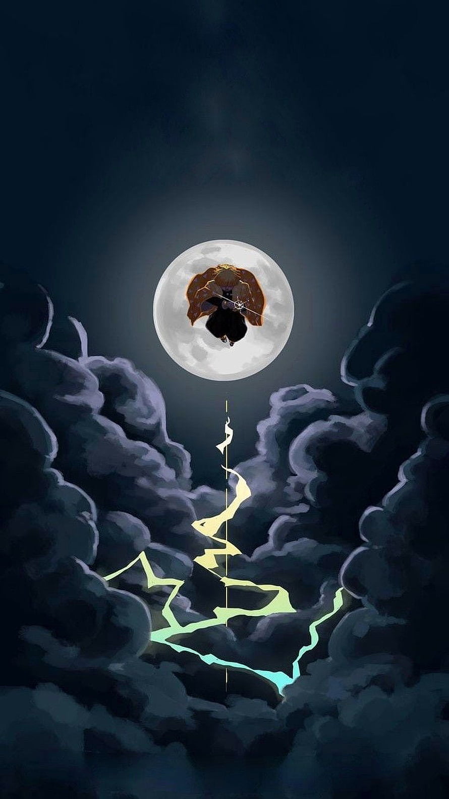Demon Slayer Character Floating Before Full Moon Amidst Dark Storm Clouds and Lightning HD phone wallpaper