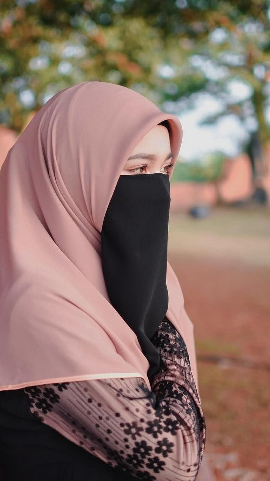 Elegant Muslim Woman Wearing Pink Hijab and Black Niqab with Floral Lace, Muslim Girl , Glamorous Hijab HD phone wallpaper