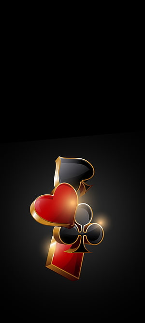 Glossy 3D Playing Card Suits with Gold Trim on Black Background HD phone wallpaper