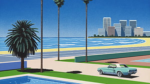 David Hockney Sunshine Reggae Print: Palm Trees, Ocean, and Classic Car in Vibrant Flat Style HD wallpaper