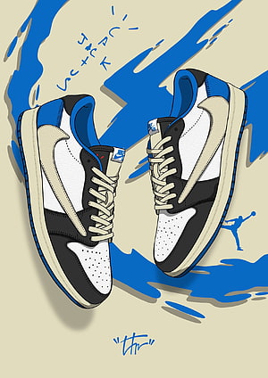 Travis Scott x Air Jordan 1 Low OG Sneaker Illustration with Blue Paint Splashes HD phone wallpaper