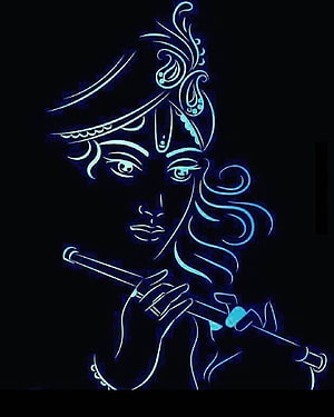 Lord Krishna Playing Flute in Neon Blue Line Art on Black Background HD phone wallpaper