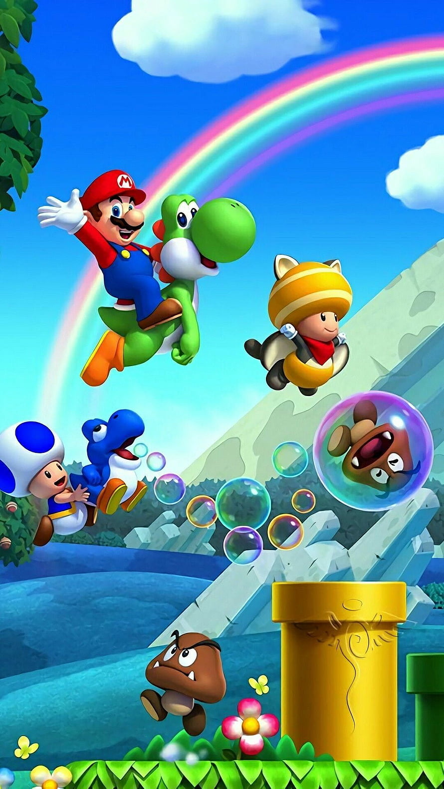 Super Mario Bros characters flying on Yoshi and riding a blue dinosaur under a rainbow HD phone wallpaper