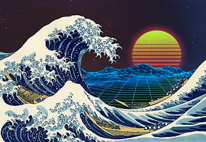 The Great Wave Off Kanagawa in Synthwave Style with Retro Grid and Neon Sunset HD wallpaper
