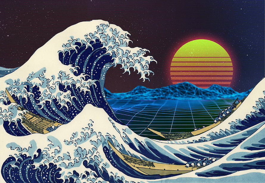 The Great Wave Off Kanagawa in Synthwave Style with Retro Grid and Neon Sunset HD wallpaper