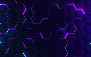Dark Blue Hexagonal Grid with Vibrant Neon Purple and Cyan Edge Lighting HD wallpaper
