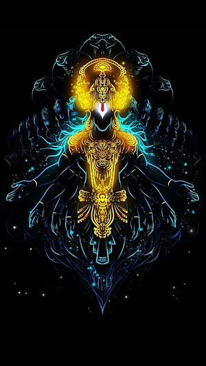 Neon Digital Art of Lord Vishnu with Glowing Golden Ornamentation and Cosmic Aura HD phone wallpaper