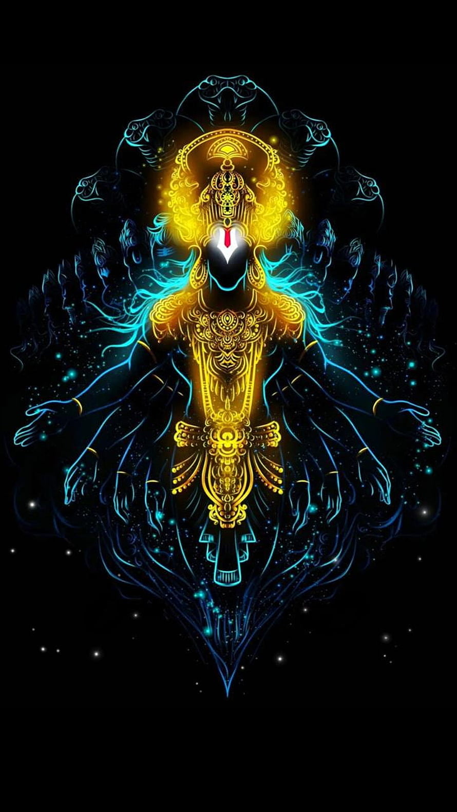 Neon Digital Art of Lord Vishnu with Glowing Golden Ornamentation and Cosmic Aura HD phone wallpaper