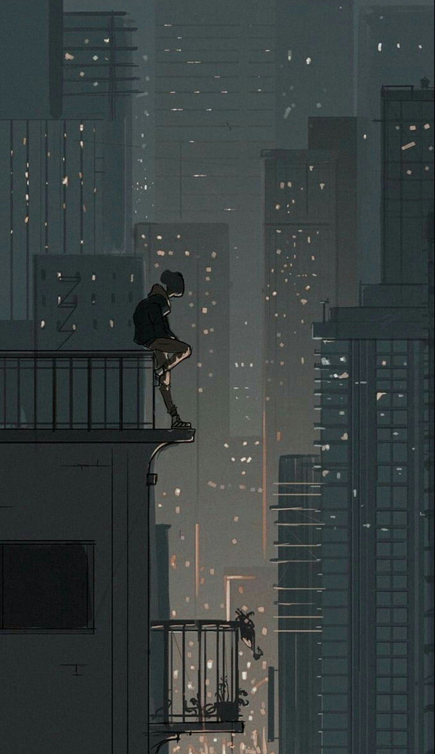 Lonely Figure Perched on Rooftop Edge in Moody Urban Cityscape HD phone wallpaper
