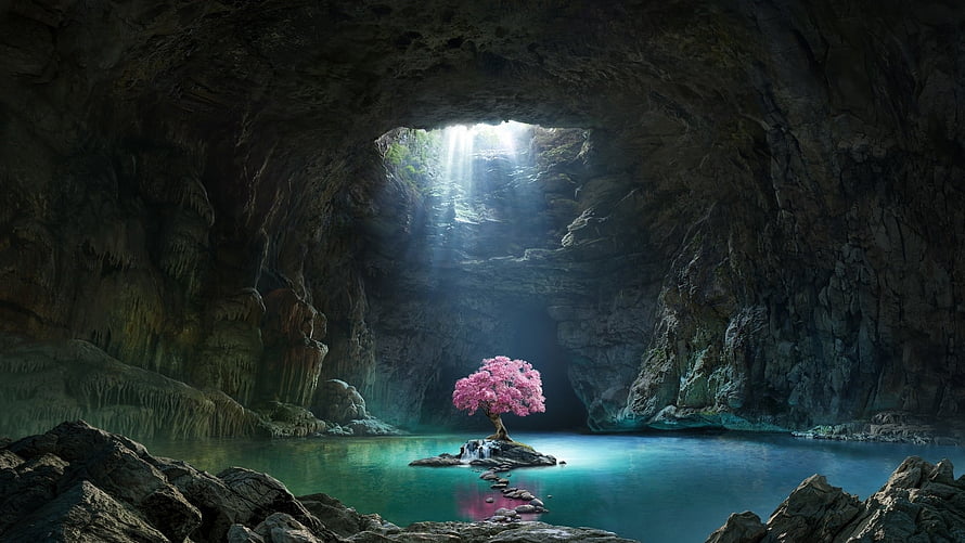 Pink Blossom Tree on a Rock in a Serene Cave Lake with Sunbeams HD wallpaper