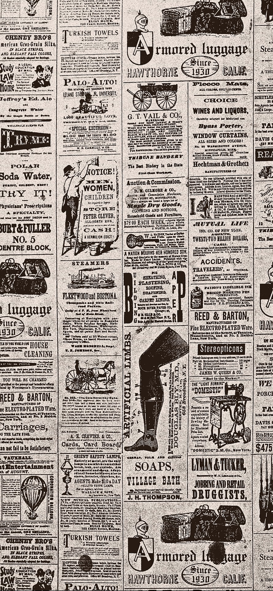 Vintage 19th Century Newspaper Print with Antique Advertisements and Illustrations HD phone wallpaper