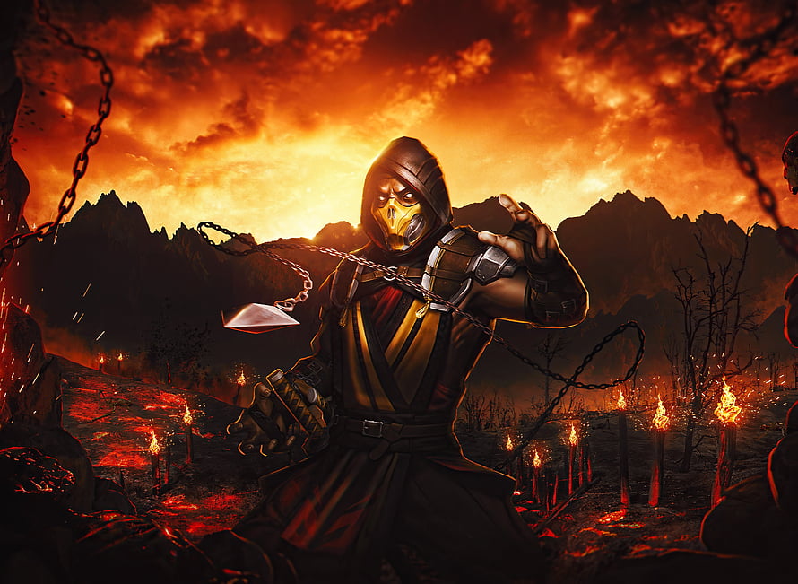 Scorpion from Mortal Kombat in a fiery battlefield with flaming torches and a spiked chain weapon HD wallpaper
