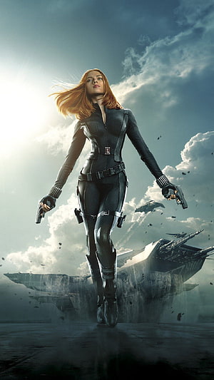 Black Widow in tactical suit holding dual pistols with aircraft carrier backdrop HD phone wallpaper