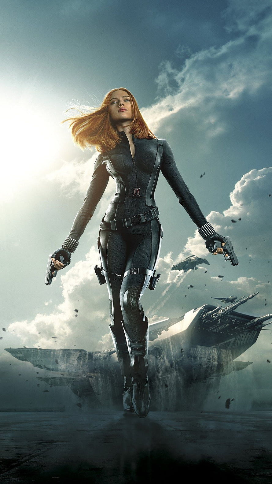 Black Widow in tactical suit holding dual pistols with aircraft carrier backdrop HD phone wallpaper
