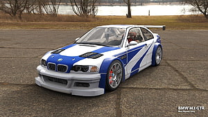 BMW M3 GTR in Blue and White Livery from Need for Speed Most Wanted 2005 HD wallpaper