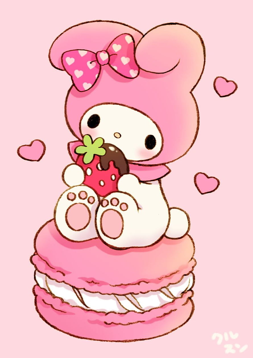My Melody Sitting on a Pink Macaron Holding a Chocolate Dipped Strawberry HD phone wallpaper