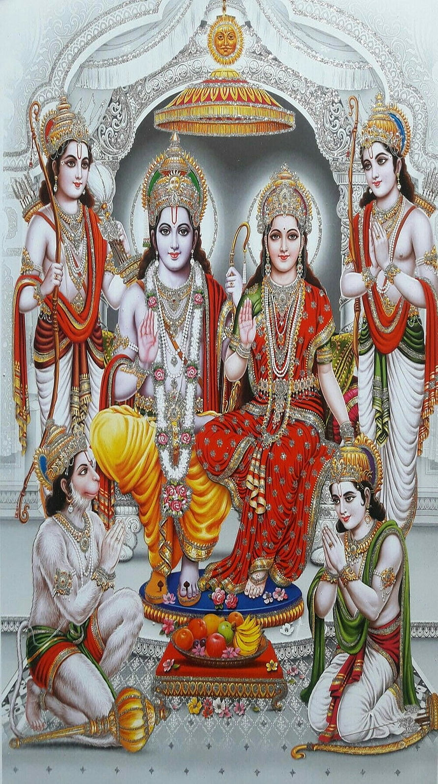 Lord Rama and Sita Seated on Divine Throne with Hanuman and Devotees in Traditional Indian Art HD phone wallpaper