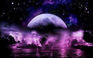 Purple Lightning Storm Beneath a Giant Moon in a Starry Night Sky HD wallpaper