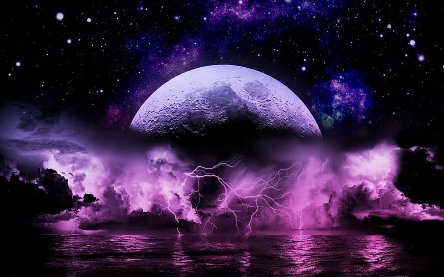Purple Lightning Storm Beneath a Giant Moon in a Starry Night Sky HD wallpaper