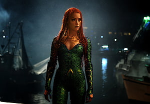 Mera in Green Scale Suit Standing in Rainy Harbor at Night HD wallpaper