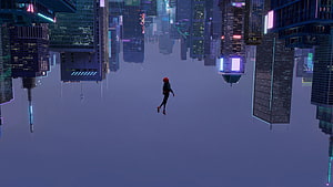 Miles Morales Falling Through a Neon-Lit Cyberpunk Cityscape in Spider-Verse Style HD wallpaper