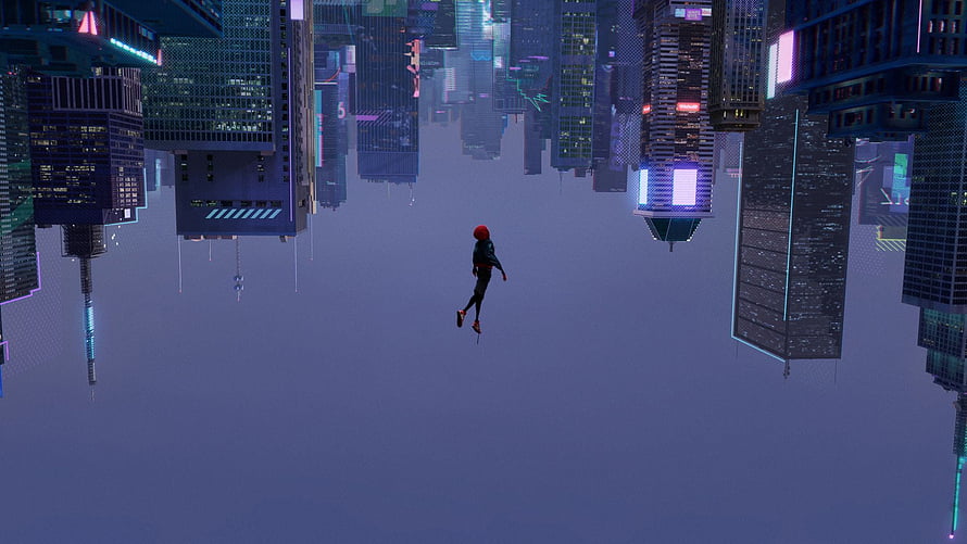 Miles Morales Falling Through a Neon-Lit Cyberpunk Cityscape in Spider-Verse Style HD wallpaper
