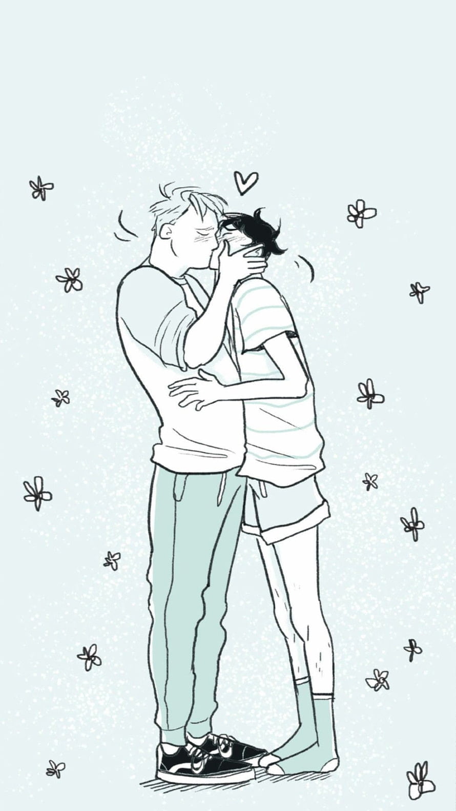 Heartstopper Nick and Charlie Kissing Illustration with Floral Accents HD phone wallpaper