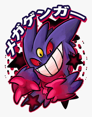 Mega Gengar Pokemon Illustration with Japanese Katakana Text and Starburst Design HD phone wallpaper