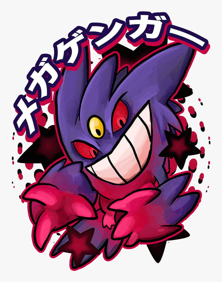 Mega Gengar Pokemon Illustration with Japanese Katakana Text and Starburst Design HD phone wallpaper
