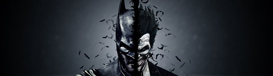 Batman and Joker Split Face Concept Art with Flying Bats HD wallpaper