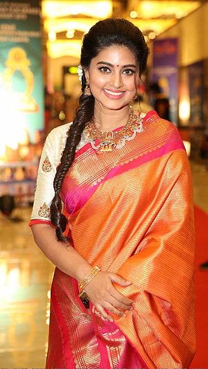 Sneha Tamil Actress in Vibrant Orange and Pink Silk Saree with Traditional Gold Jewelry HD phone wallpaper