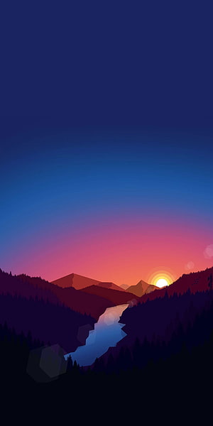 Minimalist Mountain Valley at Sunset with Winding River and Pine Forest Silhouette HD phone wallpaper