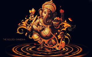 Golden Ganesha Digital Art with Ornate Jewelry and Sacred Symbols on Dark Background HD wallpaper