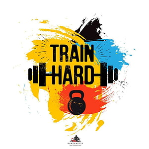 Train Hard Gym Motivation Poster With Kettlebell And Barbell Graphic Design HD phone wallpaper
