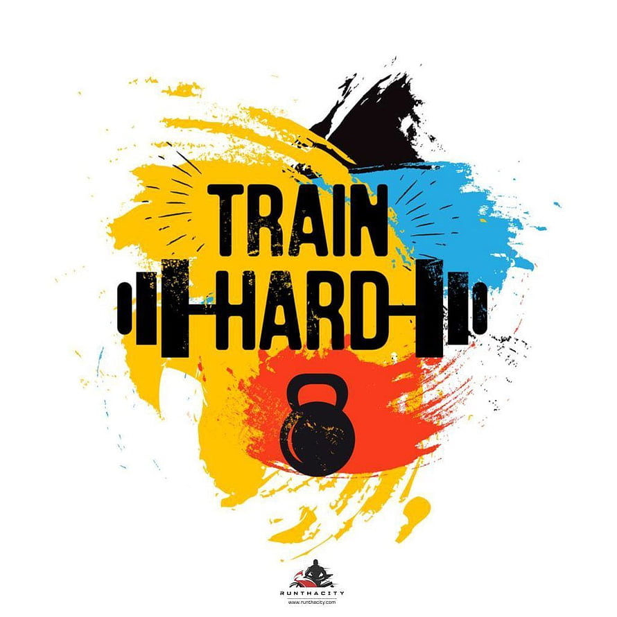 Train Hard Gym Motivation Poster With Kettlebell And Barbell Graphic Design HD phone wallpaper