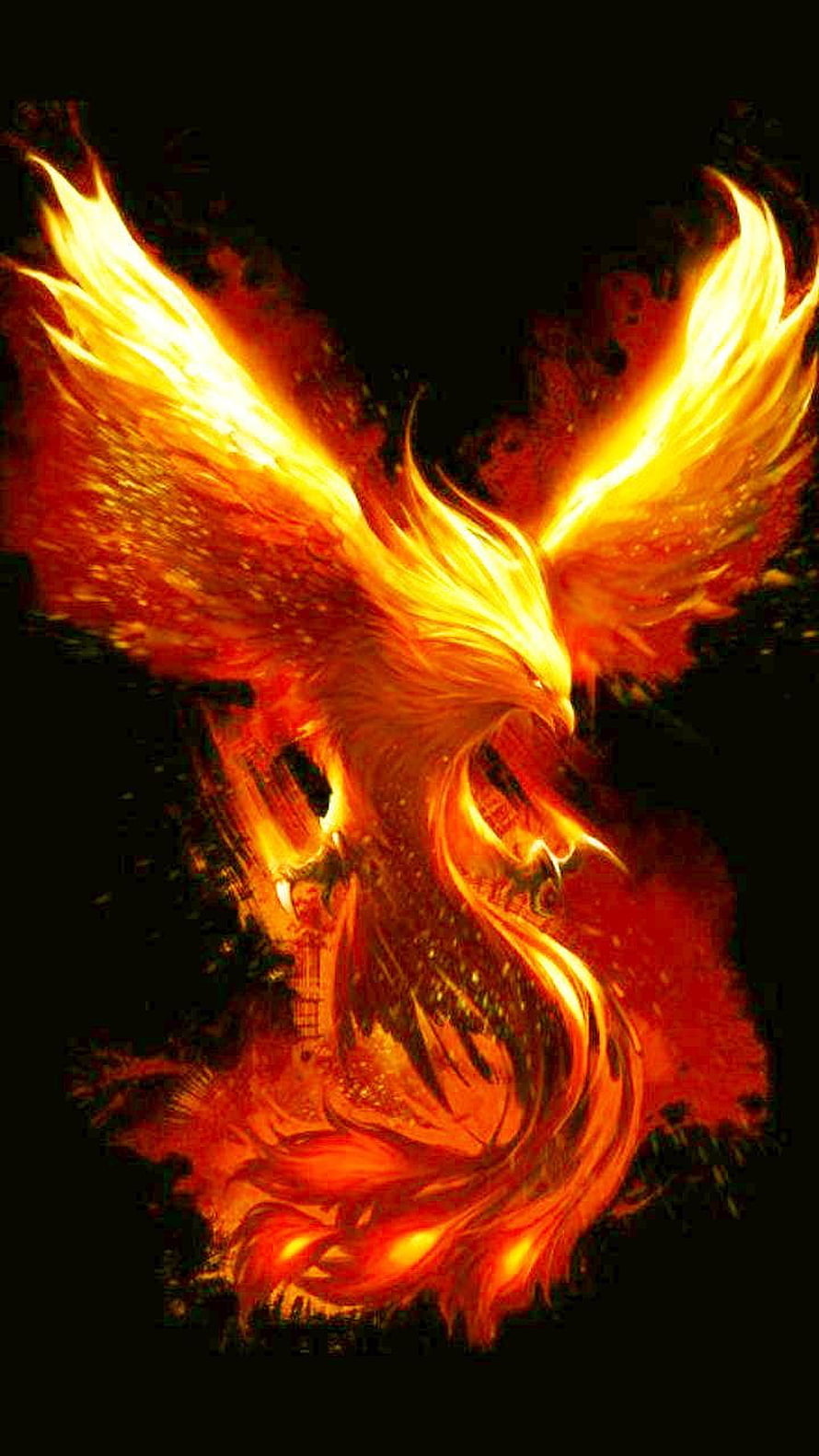 Fiery Phoenix Bird with Spread Wings in Dramatic Digital Art HD phone wallpaper