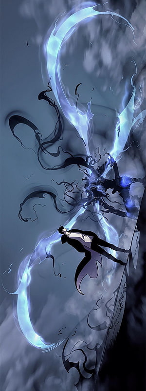 Solo Leveling Anime Character Wielding Glowing Blue Energy Sword in Dark Fantasy Battle Scene HD phone wallpaper