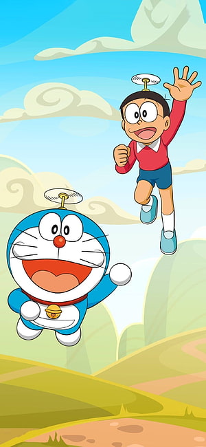 Doraemon and Nobita Flying Through the Sky with Propellers in a Bright Cartoon Landscape HD phone wallpaper