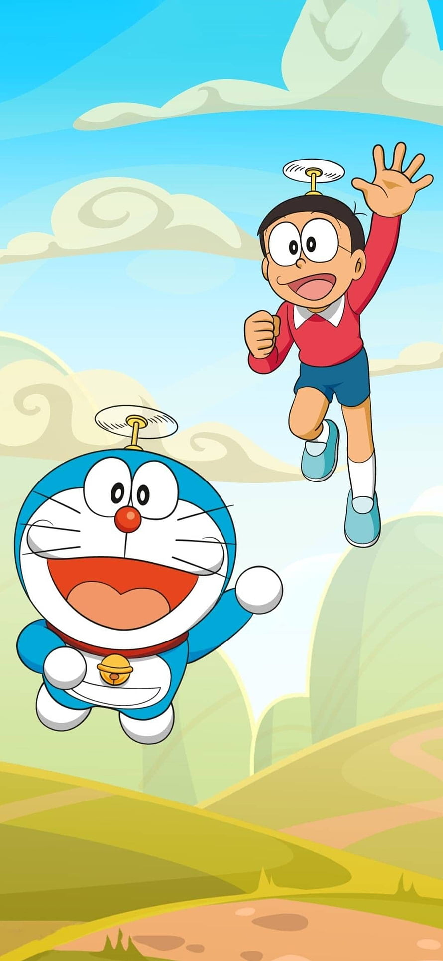 Doraemon and Nobita Flying Through the Sky with Propellers in a Bright Cartoon Landscape HD phone wallpaper