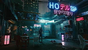 Cyberpunk 2077 Night Street Scene with Neon Signs and Rainy Atmosphere HD wallpaper