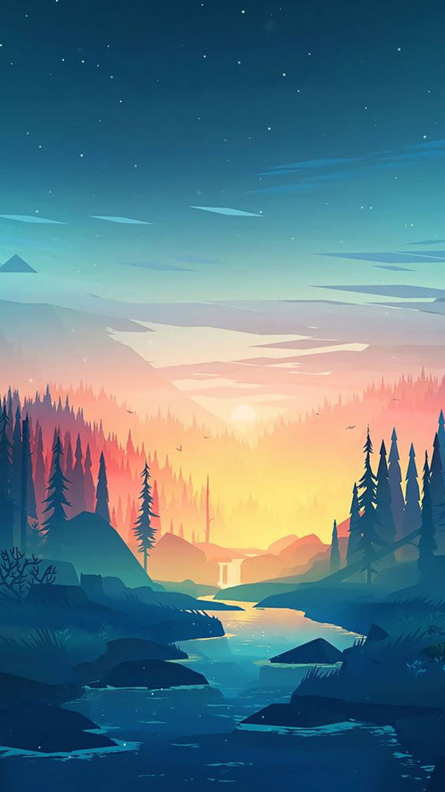 Stylized Digital Illustration of a Serene Forest River at Sunset with Starry Night Sky HD phone wallpaper