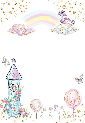 Whimsical Pastel Dragon and Castle Border with Rainbow and Gold Sparkles HD phone wallpaper