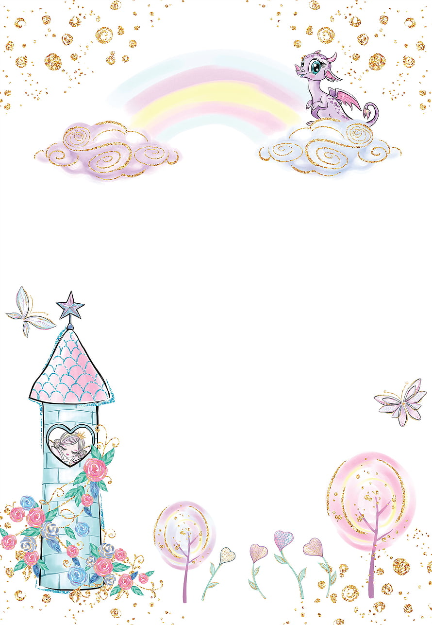 Whimsical Pastel Dragon and Castle Border with Rainbow and Gold Sparkles HD phone wallpaper