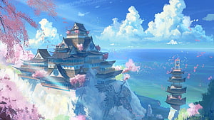 Japanese Castle and Pagoda Amidst Cherry Blossoms in a Dreamy Watercolor Landscape HD wallpaper