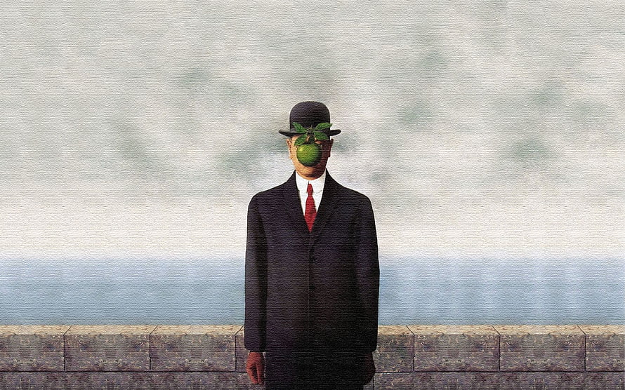 René Magritte Surrealist Painting of a Man with an Apple Over His Face HD wallpaper
