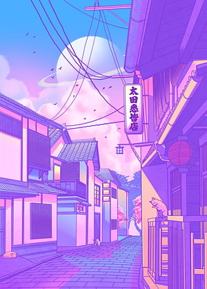 City Pop Kyoto Street Scene with Cats and Ringed Planet in Pastel Purple Anime Style HD phone wallpaper